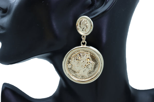 Women Earrings Set Trendy Fashion Jewelry Gold Metal Big Coin Money Medallion Bling Style