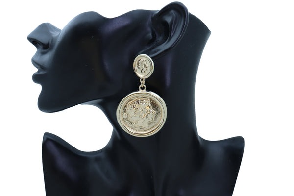 Women Earrings Set Trendy Fashion Jewelry Gold Metal Big Coin Money Medallion Bling Style