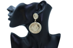 Women Earrings Set Trendy Gold Metal Big Coin Money Medallion Bling Style