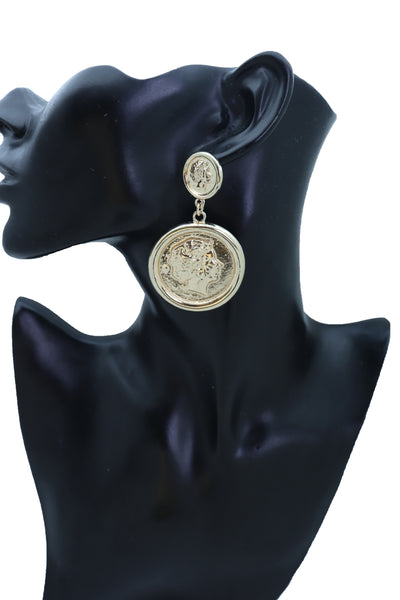 Women Earrings Set Trendy Fashion Jewelry Gold Metal Big Coin Money Medallion Bling Style