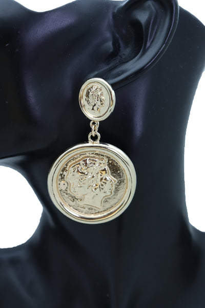 Women Earrings Set Trendy Fashion Jewelry Gold Metal Big Coin Money Medallion Bling Style
