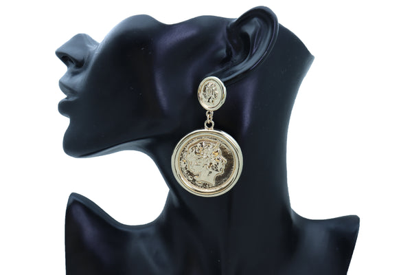 Women Earrings Set Trendy Fashion Jewelry Gold Metal Big Coin Money Medallion Bling Style