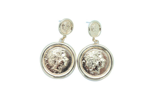 Women Earrings Set Trendy Fashion Jewelry Gold Metal Big Coin Money Medallion Bling Style