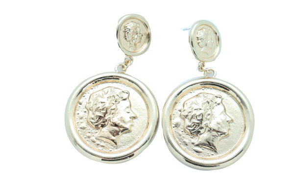 Women Earrings Set Trendy Fashion Jewelry Gold Metal Big Coin Money Medallion Bling Style