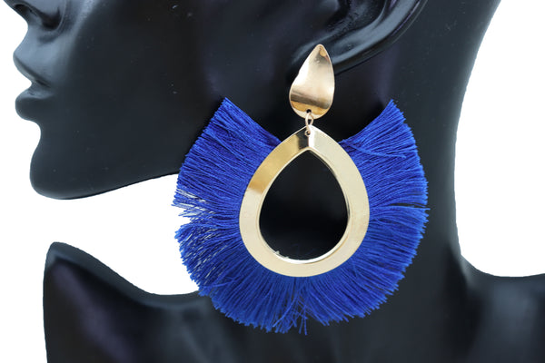 Brand New Women Earrings Set Gold Metal Stud Water Drop Blue Fabric Tassel Fashion Jewelry