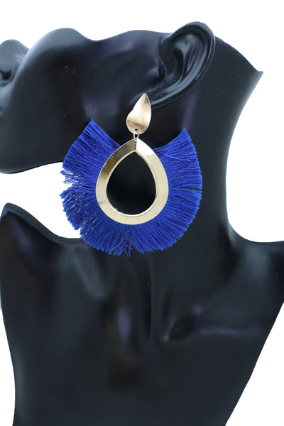 Brand New Women Earrings Set Gold Metal Stud Water Drop Blue Fabric Tassel Fashion Jewelry
