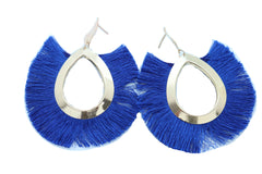 Earrings Set Gold Metal Stud Water Drop Blue Fabric Tassel