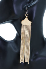 Women Elegant Earrings Fashion Long Gold Mesh Metal Fringes Tassel Fancy Jewelry Prom Dance