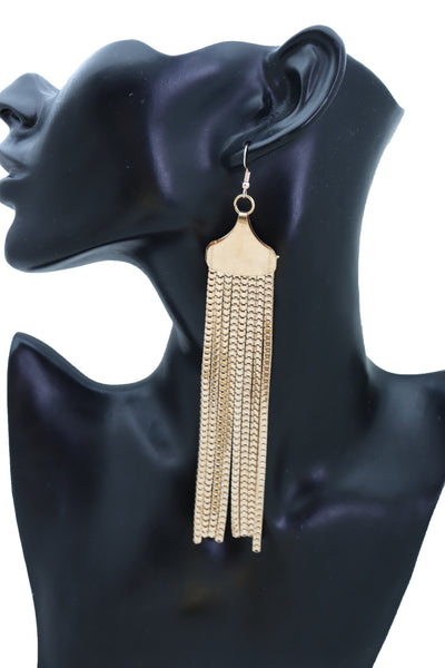 Women Elegant Earrings Fashion Long Gold Mesh Metal Fringes Tassel Fancy Jewelry Prom Dance