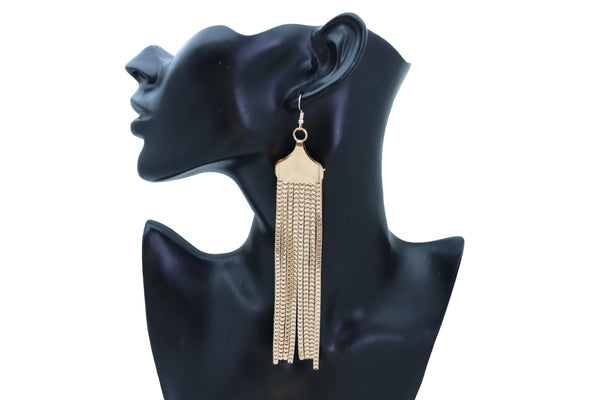 Women Elegant Earrings Fashion Long Gold Mesh Metal Fringes Tassel Fancy Jewelry Prom Dance