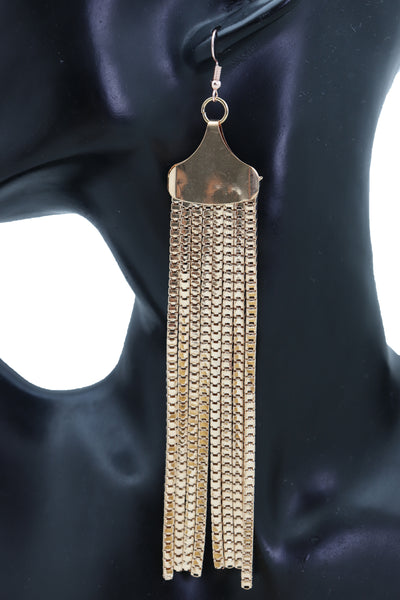 Women Elegant Earrings Fashion Long Gold Mesh Metal Fringes Tassel Fancy Jewelry Prom Dance