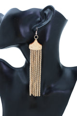 Long Gold Metal Fringe Dangle Earrings