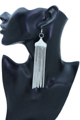 Earrings Silver Mesh Metal Long Dangle Tassel Bling Style