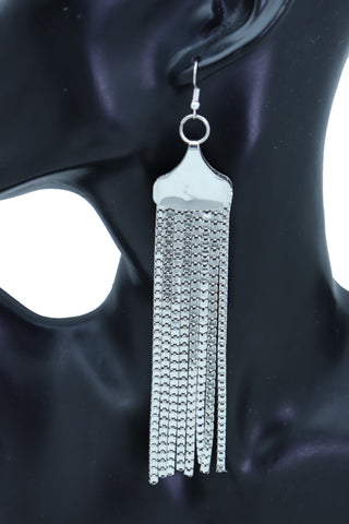 Brand New Women Earrings Fashion Jewelry Silver Mesh Metal Long Dangle Tassel Bling Style Night Evening Wear