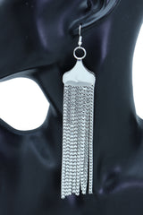 Earrings Silver Mesh Metal Long Dangle Tassel Bling Style Night Evening Wear