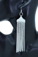 Earrings Silver Mesh Metal Long Dangle Tassel Bling Style