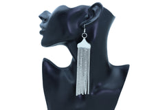 Earrings Silver Mesh Metal Long Dangle Tassel Bling Style
