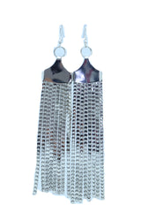 Earrings Silver Mesh Metal Long Dangle Tassel Bling Style