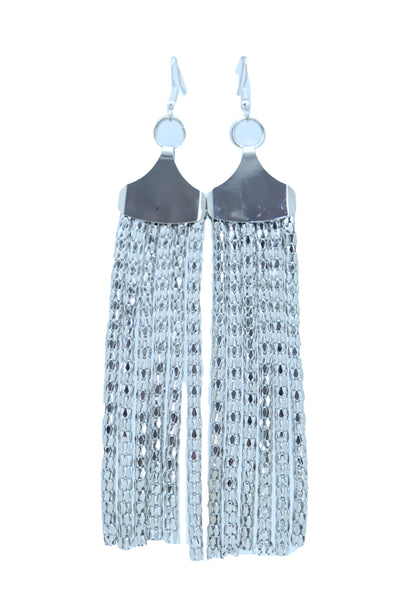 Women Earrings Set Bling Fashion Jewelry Silver Mesh Metal Long Tassel Fringe Elegant Look