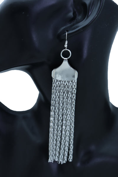 Women Earrings Set Bling Fashion Jewelry Silver Mesh Metal Long Tassel Fringe Elegant Look