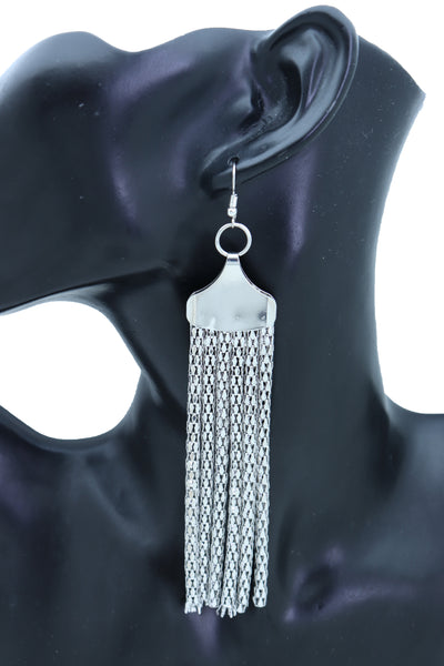 Women Earrings Set Bling Fashion Jewelry Silver Mesh Metal Long Tassel Fringe Elegant Look