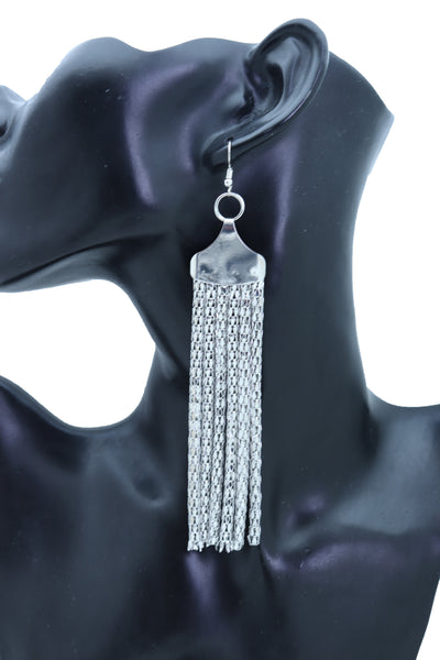 Women Earrings Set Bling Fashion Jewelry Silver Mesh Metal Long Tassel Fringe Elegant Look