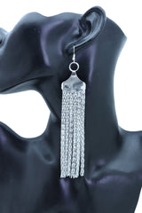 Silver Mesh Metal Long Tassel Earrings