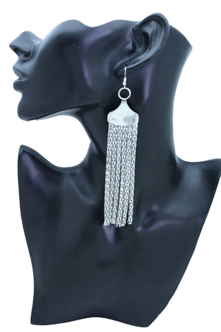 Brand New Women Earrings Set Bling Fashion Jewelry Silver Mesh Metal Long Tassel Fringe