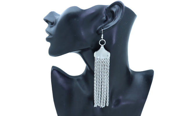Women Earrings Set Bling Fashion Jewelry Silver Mesh Metal Long Tassel Fringe Elegant Look