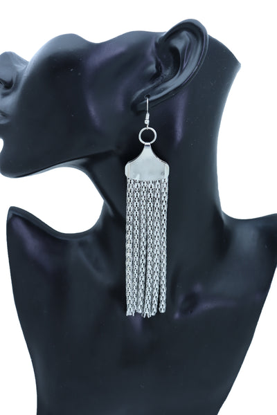 Women Earrings Set Bling Fashion Jewelry Silver Mesh Metal Long Tassel Fringe Elegant Look