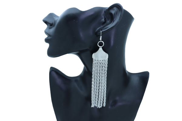 Women Earrings Set Bling Fashion Jewelry Silver Mesh Metal Long Tassel Fringe Elegant Look