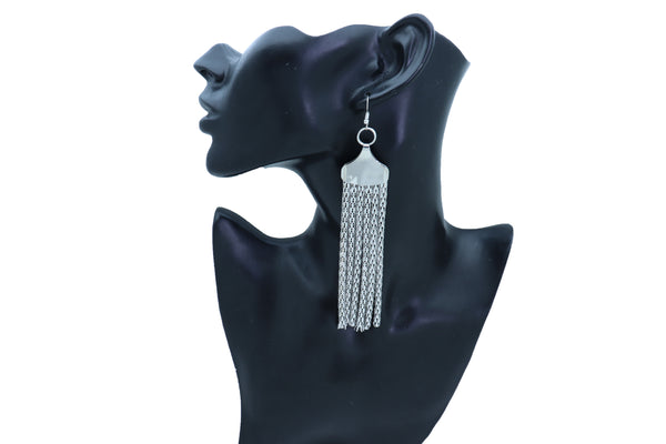 Women Earrings Set Bling Fashion Jewelry Silver Mesh Metal Long Tassel Fringe Elegant Look