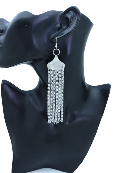 Women Earrings Set Bling Fashion Jewelry Silver Mesh Metal Long Tassel Fringe Elegant Look