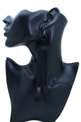 Sexy Women Earrings Set Hook Black Mesh Metal Long Tassel Fringe