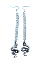 Long Silver Metal Chain Snake Charm Dangle Earrings