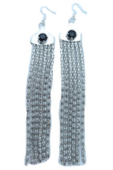 Women Earrings Silver Mesh Metal Long Tassel Fancy Black Color Beads