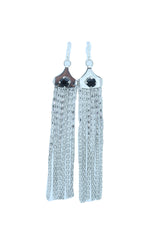 Earrings Silver Mesh Metal Long Tassel Fancy Black Beads
