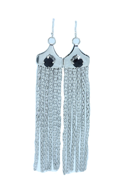 Brand New Women Earrings Fashion Jewelry Silver Mesh Metal Long Tassel Fancy Black Beads
