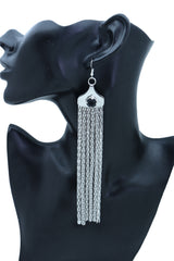 Earrings Silver Mesh Metal Long Tassel Fancy Black Beads