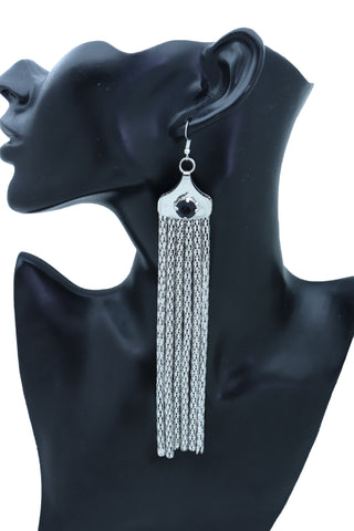 New Women Earrings Fashion Jewelry Silver Mesh Metal Long Tassel Fancy Black Color Beads