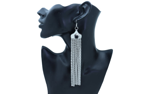 New Women Earrings Fashion Jewelry Silver Mesh Metal Long Tassel Fancy Black Color Beads