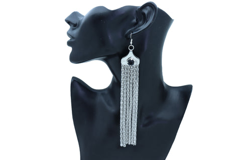 Brand New Women Earrings Fashion Jewelry Silver Mesh Metal Long Tassel Fancy Black Beads
