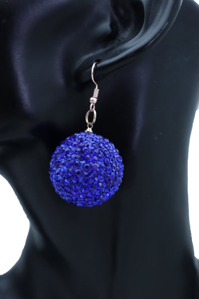 Brand New Women Earrings Set Night Club Hook Fashion Jewelry 80's Disco Ball Blue Color