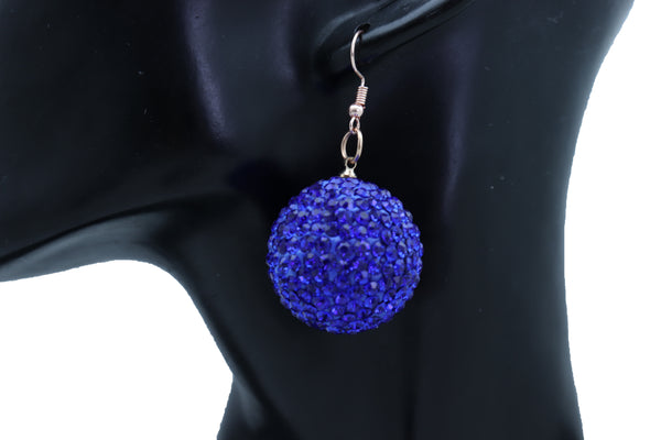 Brand New Women Earrings Set Night Club Hook Fashion Jewelry 80's Disco Ball Blue Color