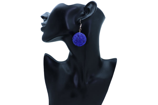 Brand New Women Earrings Set Night Club Hook Fashion Jewelry 80's Disco Ball Blue Color