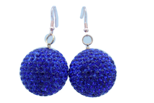 Brand New Women Earrings Set Night Club Hook Fashion Jewelry 80's Disco Ball Blue Color