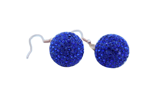 Brand New Women Earrings Set Hook Fashion Jewelry 80's Disco Mini Blue Color Bling Ball