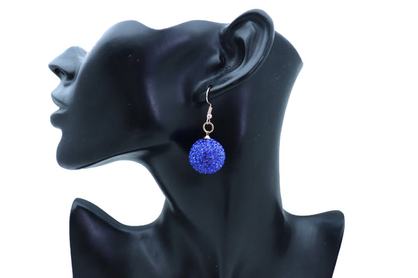 Brand New Women Earrings Set Hook Fashion Jewelry 80's Disco Mini Blue Color Bling Ball