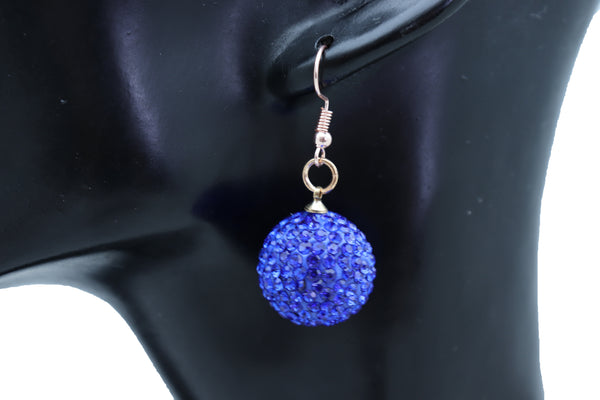 Brand New Women Earrings Set Hook Fashion Jewelry 80's Disco Mini Blue Color Bling Ball