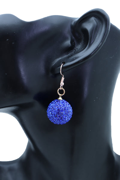 Brand New Women Earrings Set Hook Fashion Jewelry 80's Disco Mini Blue Color Bling Ball